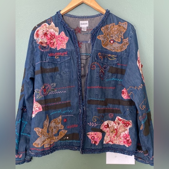 Women's Sz 2 Chicos embroidered embellished denim shacket jacket top - Picture 1 of 11